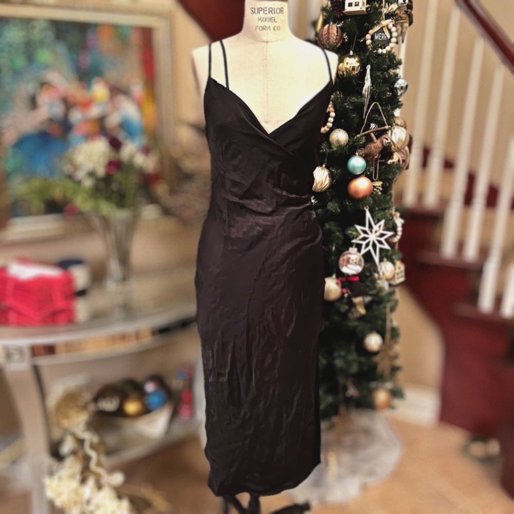 Zara black satin ruched midi dress
